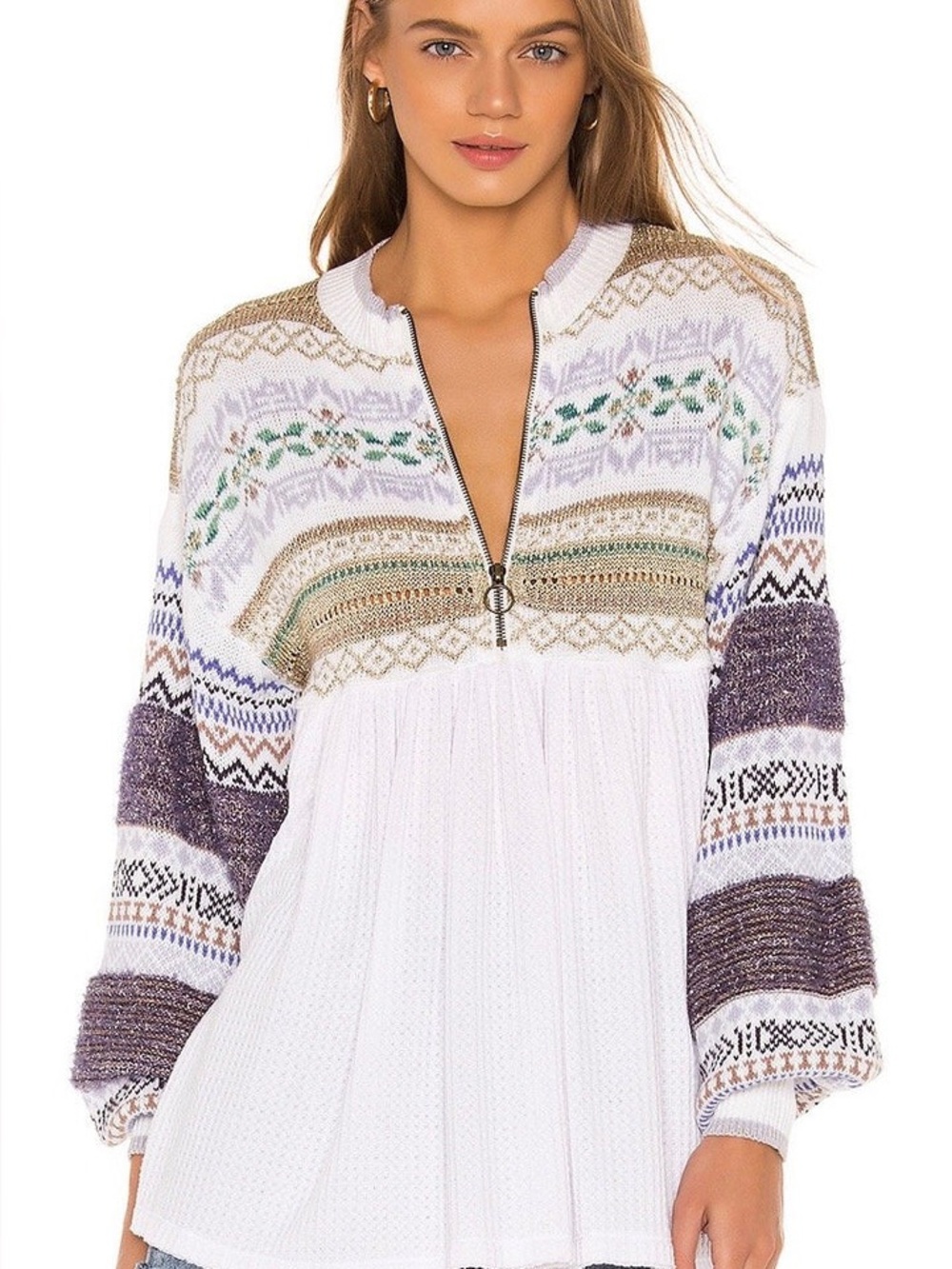Free People Cozy Cottage Fair Isle Knit Tunic Sweater XS Womens Oversized